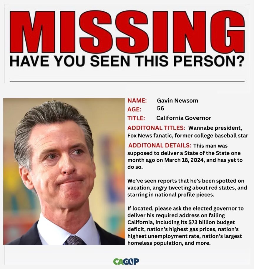 Have you seen this man?

It’s been exactly one month since @GavinNewsom was scheduled to deliver his constitutionally required State of the State. With little explanation (though plenty of speculation), Newsom postponed his address at the last minute. Despite claims that his…