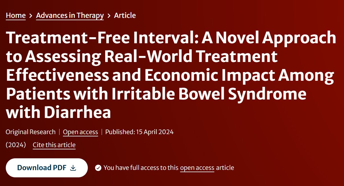 'Treatment-Free Interval: A Novel Approach to Assessing Real-World Treatment Effectiveness and Economic Impact Among Patients with Irritable Bowel Syndrome with #diarrhea' #ibs Read the full #OpenAccess article here: link.springer.com/article/10.100…