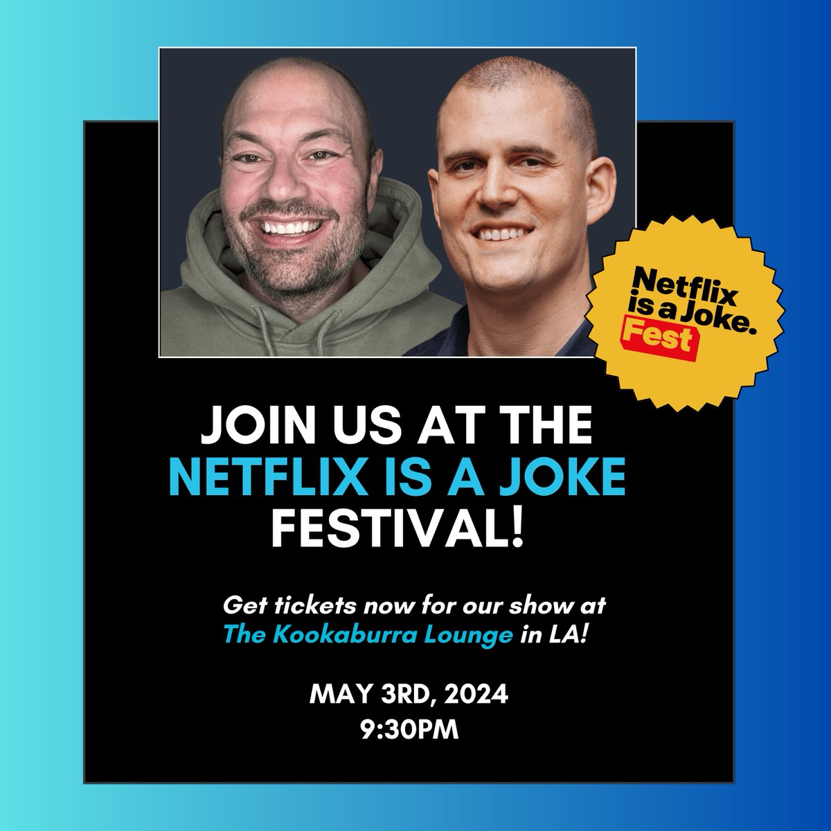 We're performing at the @NetflixIsAJoke Festival! Join us for our show on May 3rd at The Kookaburra Lounge in LA during the city's largest comedy festival. Tickets are selling like hotcakes, so grab them while they last! thekookaburralounge.com/events/watchwh… @RonnieKaram @BenMandelker