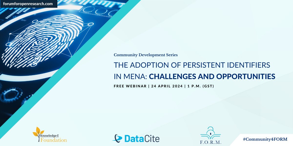 Discover the impact of #PersistentIdentifiers on #OpenResearch practices across the #MENA region! Join @Form4Open and @DataCite for a #FreeWebinar on 24 April to learn more about the benefits and importance of implementing #PIDs. Register now >> bit.ly/4arkUA9