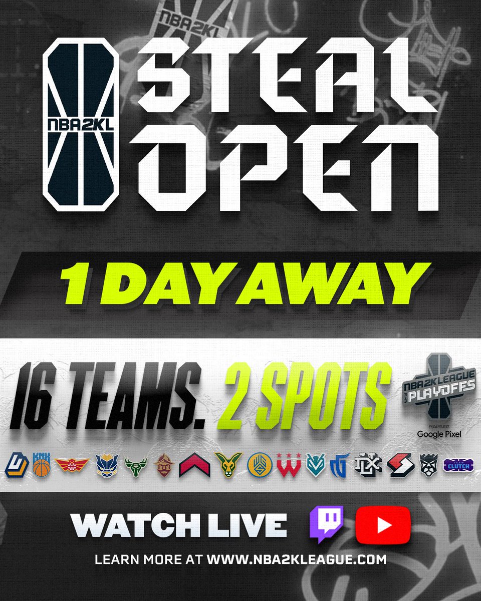 We're 1️⃣ day away from the 2024 NBA 2KL STEAL OPEN where 2 teams will see their playoff dreams come to life! 🕕: 6 PM/ET 💻: Twitch.tv/nba2kleague