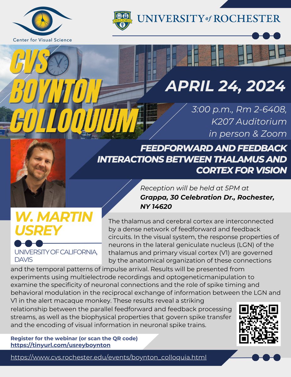 Mark Your Calendars-Boynton Colloquium WED 4/24 at 3PM: W. Martin Usrey, UC Davis, in person and Zoom Feedforward and Feedback Interactions between Thalamus and Cortex for Vision Reception at 5PM at @grapparoc cvs.rochester.edu/events/boynton… @FlaumEye @URNeuroscience @UoR_BrainCogSci