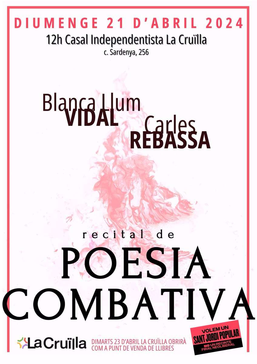 lacruilla's tweet photo. Què és per a na Blanca Llum Vidal i en Carles Rebassa la poesia combativa? Si en fessin un recital, quins autors, de quins temps, quines temàtiques escollirien? I de la obra pròpia, què destacarien?

Descobrim-ho tot fent el vermut!

#SantJordiPopular https://t.co/MjKpLq491W
