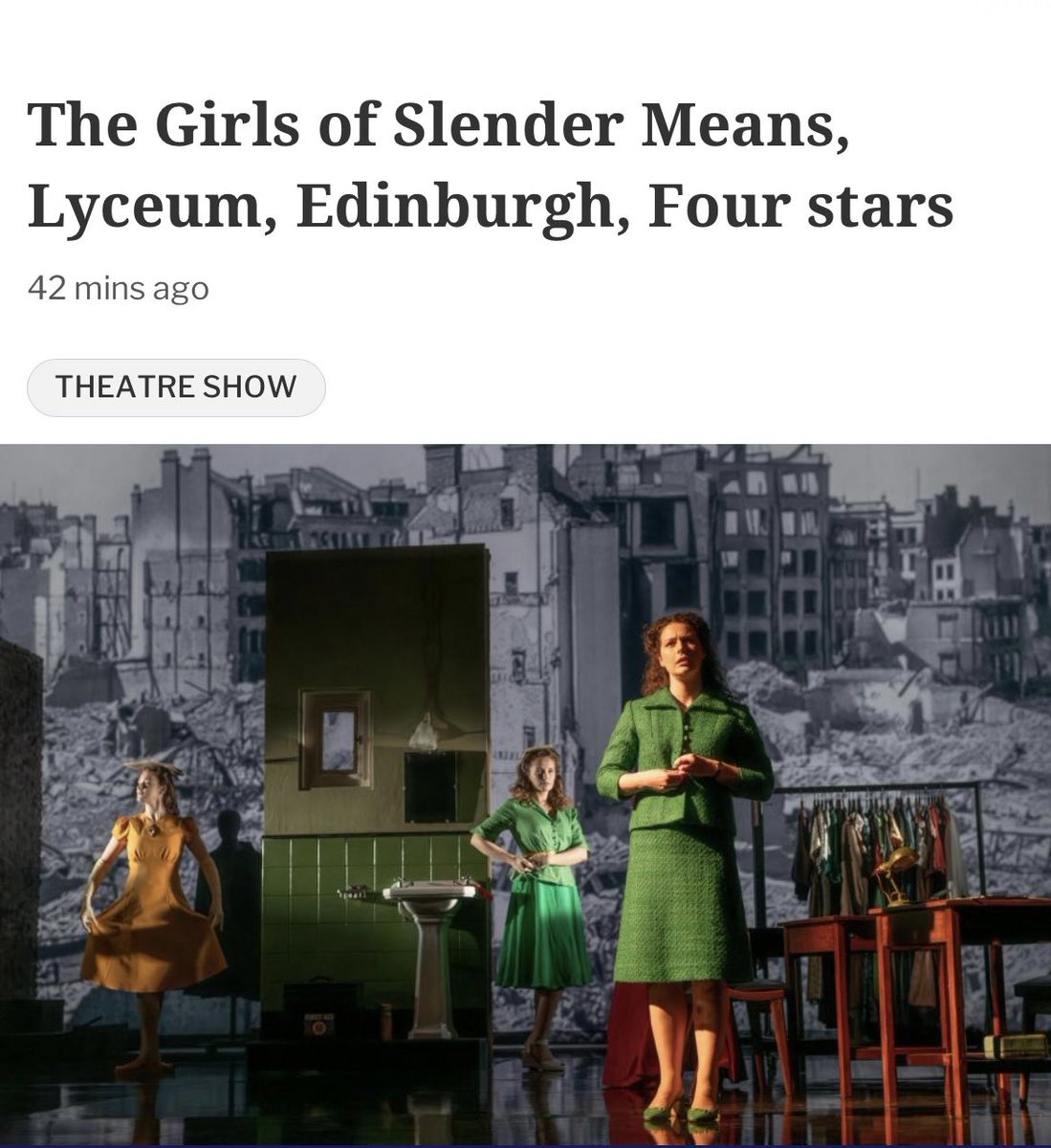 My ⁦@heraldscotland⁩ @heraldmagazine review of The Girls of Slender Means, Gabriel Quigley’s fresh new adaptation of Muriel Spark’s contemporary classic novella. heraldscotland.com/life_style/art… At the @lyceumedinburgh until May 4th. lyceum.org.uk/events/the-gir…