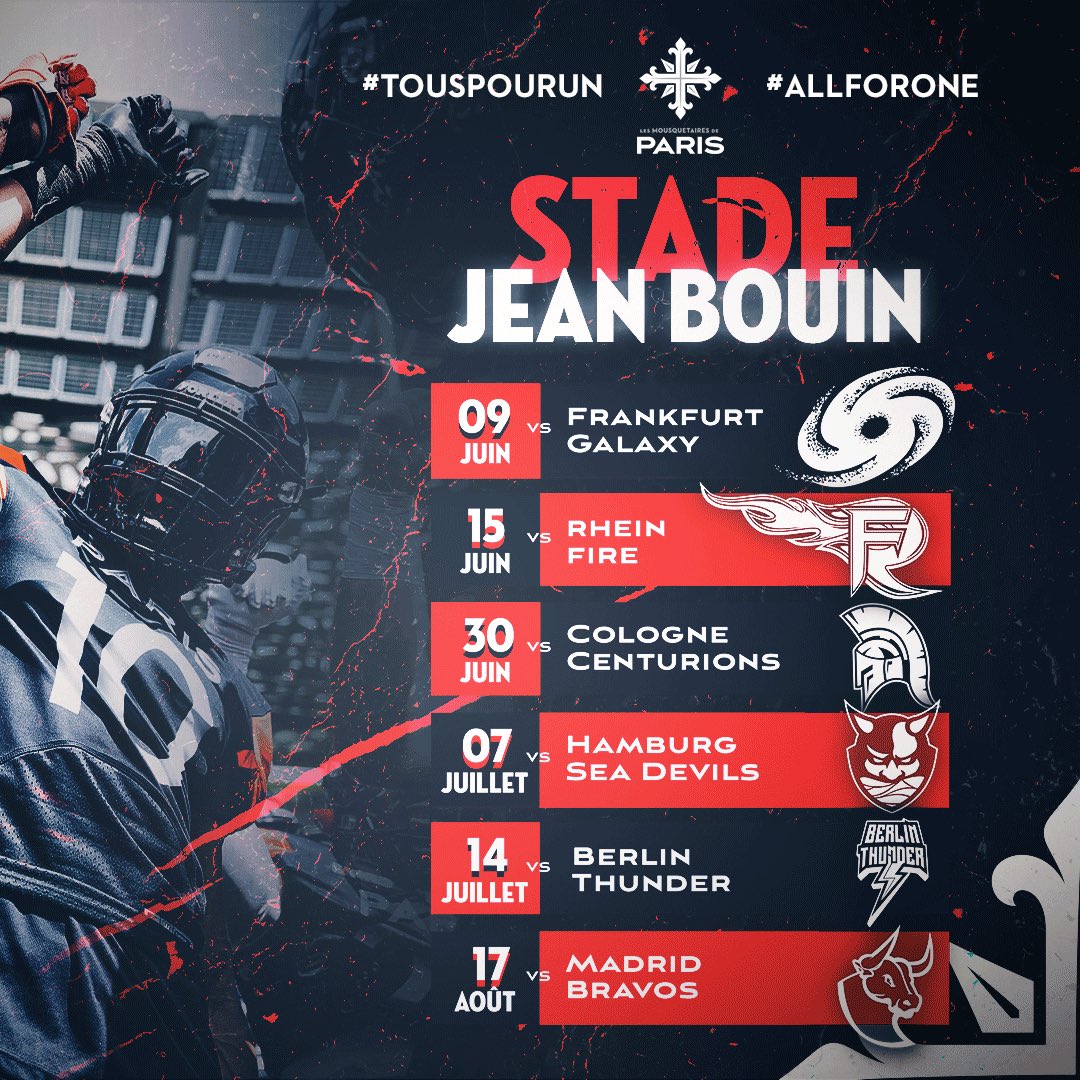 Excited to formally announce that our <a href="/parismusketeers/">Paris Musketeers</a> will be calling beautiful Stade Jean Bouin our home again in 2024!

Come watch us battle the best of Europe  <a href="/ELF_Official/">European League of Football</a> this summer à Paris!

#tousporun