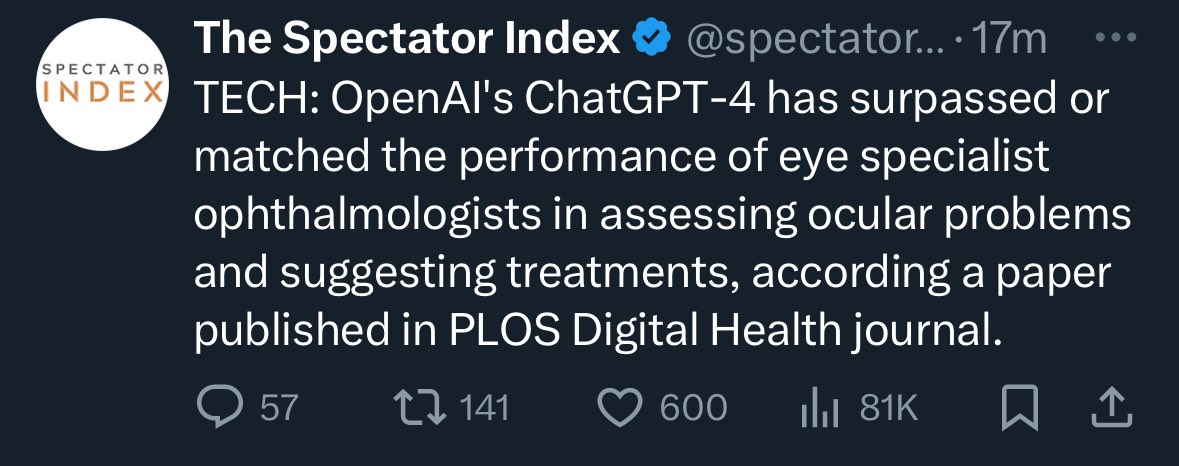 AI gives ophthalmologists a run for their money! 1. OpenAI's GPT-4 model beats junior ophthalmologist in diagnosis and treatment of ocular disease. 2. Diabetic retinopathy - Detects hemorrhage, exudate micro aneurysm better than doctor when given the same photo. 3. Early…