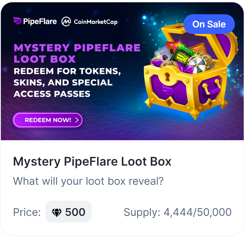 PipeFlare's tweet image. 🎉 Attention Diamond holders on @CoinMarketCap! 🌟 The clock's ticking ⏳ – PipeFlare Loot Boxes are flying off the shelves! 💎 Hurry and snag yours before they vanish! 🔥 Don't forget to login to CoinMarketCap to claim! Unbox tokens, potions, and exclusive skins! 🚀 Let's level…