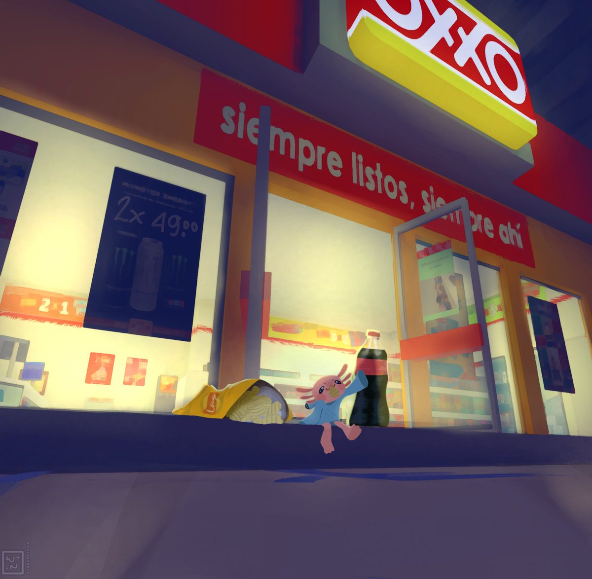 ¡Oye si vas al oxxo comprame un jugo! ¡¡Y aprovecha también de ver nuestro cartel en el mapa del OXXO!!
Mapa: <a href="/NochCheetah/">Noch the cheetah 🐆</a> 
Dibujo: @HoneyMilkyBread 
#forjaversario2024