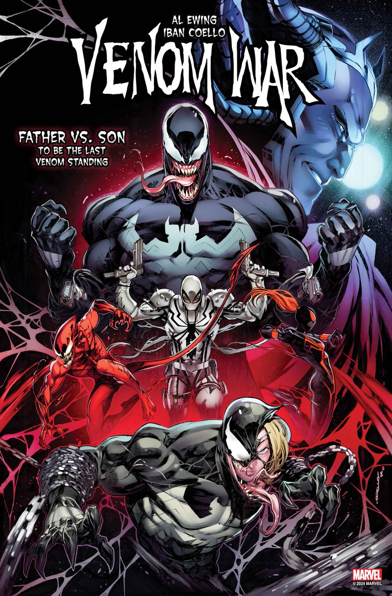 Marvel's tweet photo. Father vs. son — who will be the last Venom standing? Eddie and Dylan Brock go head-to-head in 'Venom War' #1, coming this August from Al Ewing and Iban Coello: https://t.co/pfHtsdYp9B https://t.co/csaiJ57Yc6