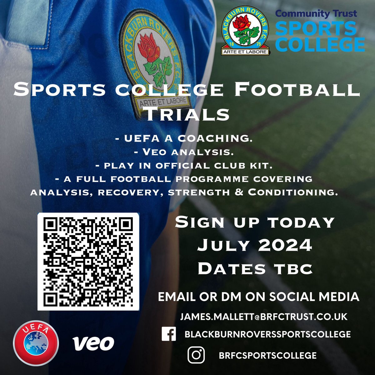 🌟 Dreaming of a future on the pitch? 🚀 Don't miss your shot! ⚽️Join us at Blackburn #Rovers Sports College for an unmatched football journey this September! ✨ 🔍Experience elite UEFA A coaching sessions, cutting-edge Veo analysis, and a comprehensive training program