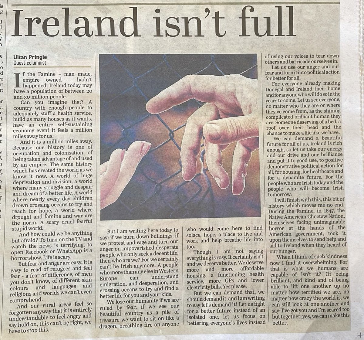 Wrote in today’s Donegal Democrat about how Ireland isn’t full, how the future can only be found in our collective humanity and in all of us fighting for better for everyone. Everything is shit and scary but when fear wins what’s left of us? #RefugeesWelcome