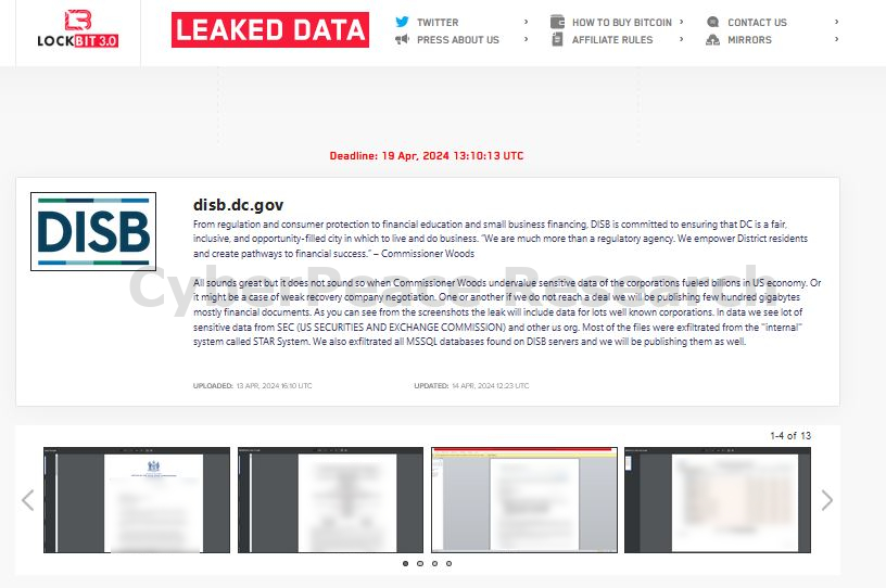 🚨ALERT⚠️: Allegedly, the Department of Insurance, Securities & Banking (DISB)🇺🇸 hit by LockBit 3.0 ransomware. Threat actors claim to have exfiltrated 'few hundred gigabytes' of mostly financial & all MSSQL data.

Stay Vigilant🔐🛡️

#CyberPeace #Cybersecurity #CyberPeaceAlert
