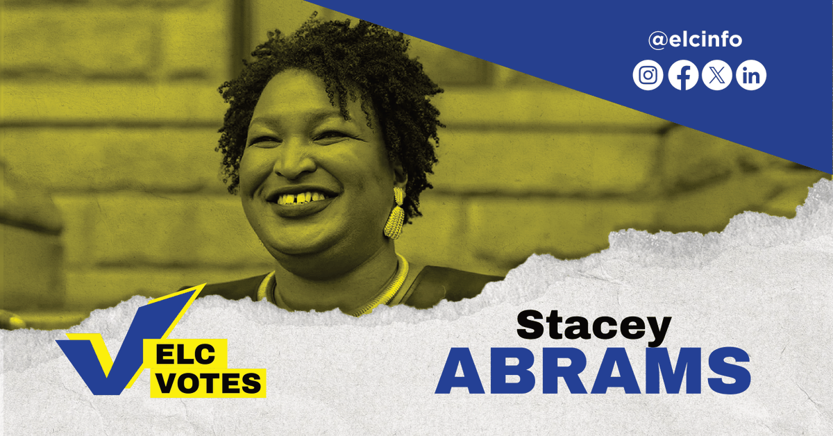 The ELC celebrates voting rights activist @StaceyAbrams. She has played a major role in ensuring voting rights for Americans following her 2018 run for governor of Georgia. Thank you for your contributions! #ELCVotes #VotingLeaders #StaceyAbrams #BlackVotesMatter #BlackWomenLead