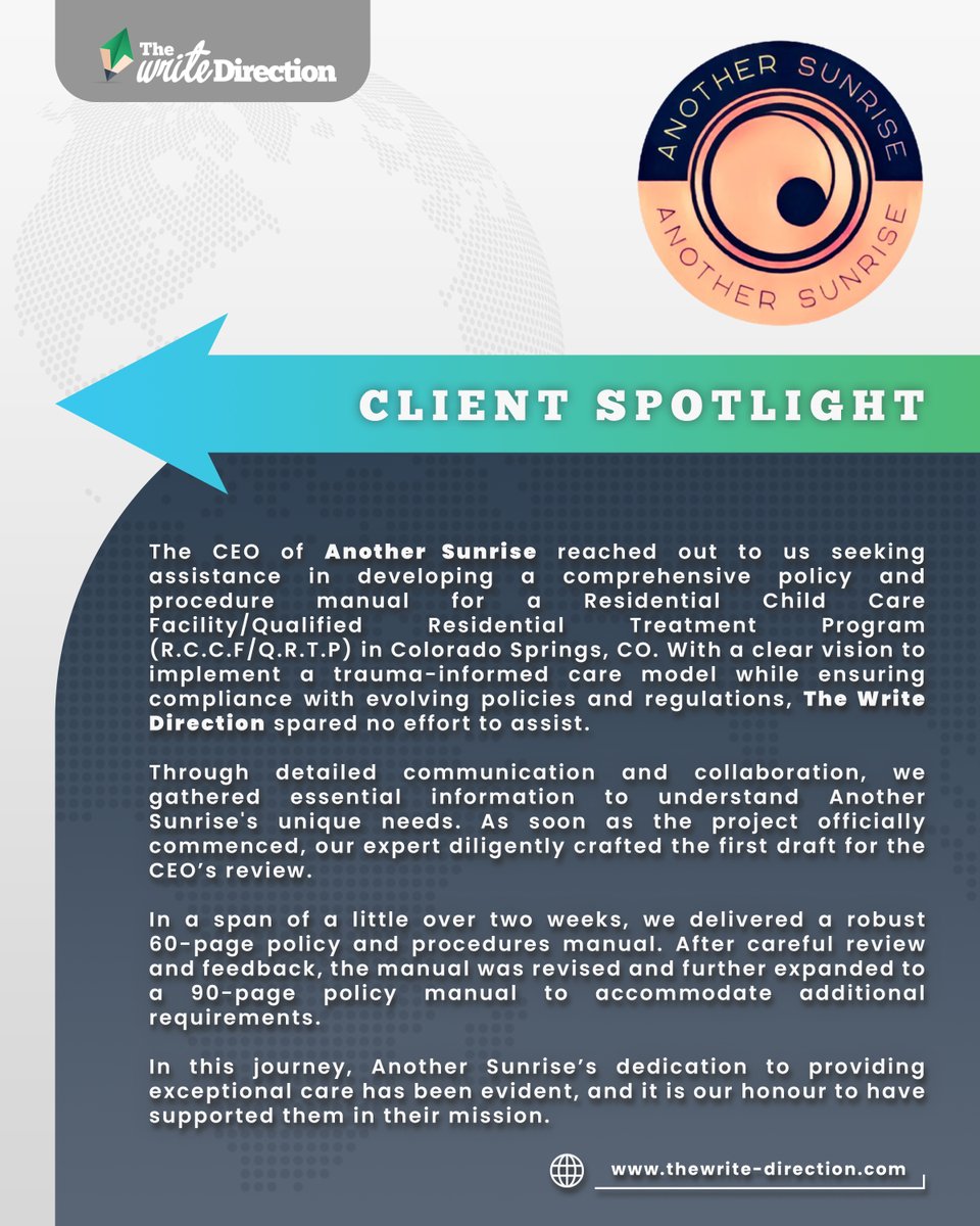 🌟 CLIENT SPOTLIGHT 🌟

Join us as we unravel a nonprofit organization’s journey with The Write Direction team which exemplifies our meticulous approach from inquiry to full execution. Give it up for Another Sunrise!

#ClientSpotlight
#SuccessStory
#BehindTheScenes