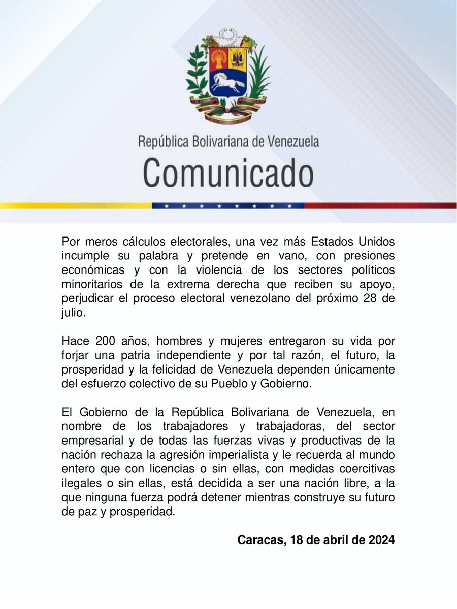 #Comunicado 📢 Venezuela rechaza una vez más la pretensión del Gobierno de los Estados Unidos de América de monitorear, tutelar, controlar y manipular la industria petrolera venezolana a través de su política ilegal de imposición de medidas coercitivas y licencias, prácticas