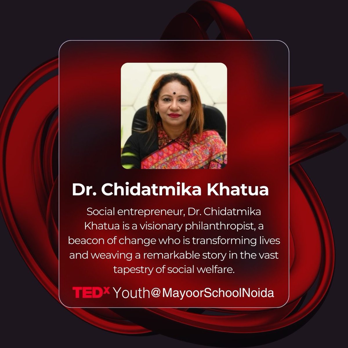TEDxMSN's tweet photo. Social entrepreneur, Dr.
Chidatmika Khatua is a
visionary philanthropist, a beacon of change who is
transforming lives and weaving a remarkable story
in the vast tapestry of social welfare. https://t.co/ScsgdQ1wzl