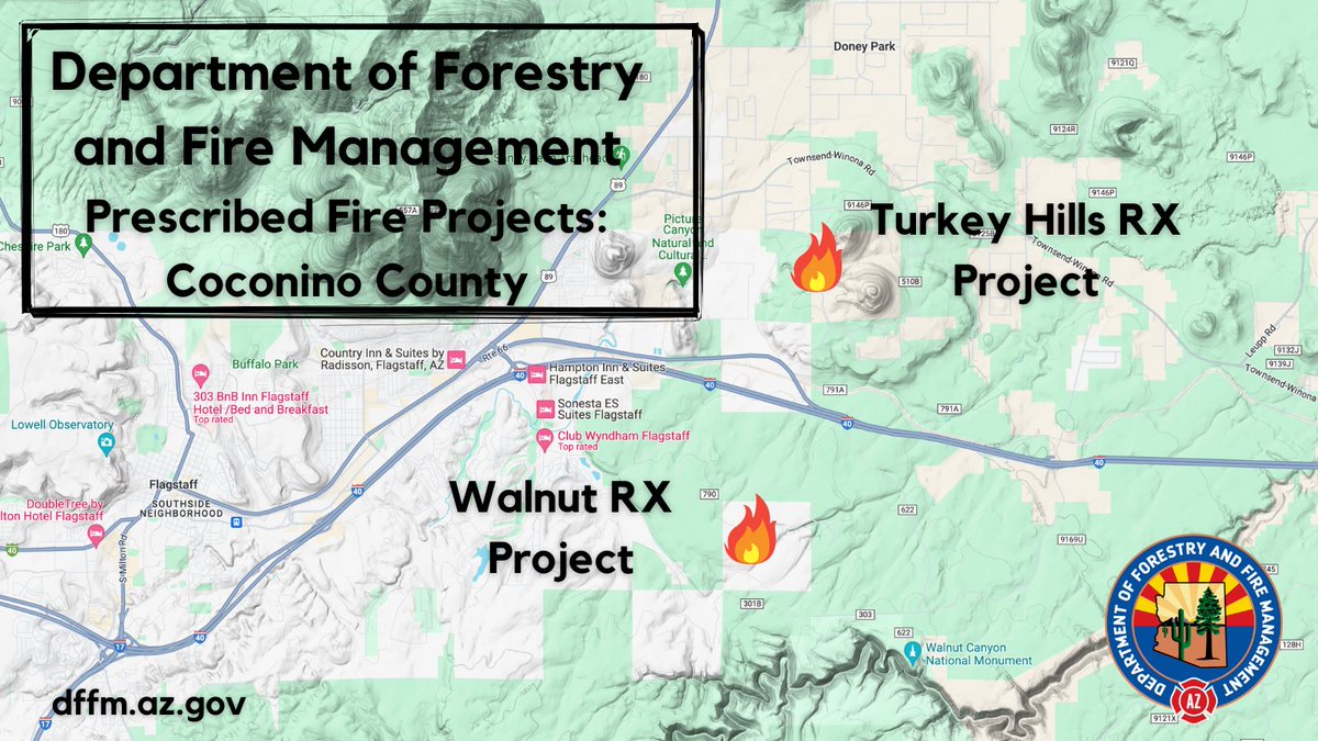 Next week #AZForestry begins 2 RX fire projects outside of #Flagstaff. On Mon. 4/22 crews start the 200-acre #WalnutRXFire E of Flag. On Tues. 4/23 ignitions begin on the 150-acre #TurkeyHillsRX NE of Flag & S of Doney Park. Both broadcast burns help reduce forest fuel