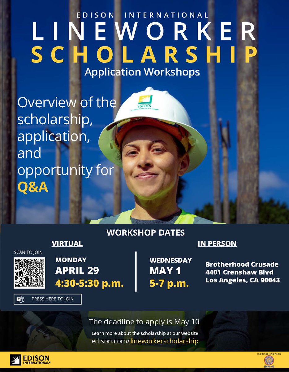 📢 Attention Future Lineworkers! 🛠️
Are you ready to elevate your career with a scholarship? Join us for our exclusive Lineworker Scholarship Application Workshops! 🎓
✔️Get detailed insights 
✔️Understand the application process 
✔️Q&A 
#LineworkerScholarship