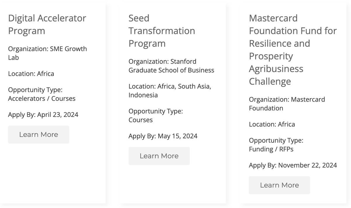 Looking to scale your #EmergingMarkets business? Check out these featured #BusinessDevelopment opportunities from @smegrowthlab @StanfordGSB @MastercardFdn, and head over to our #BizDev page to see the full list! bit.ly/3UcddZb #Africa #SouthAsia #RFPs #Courses