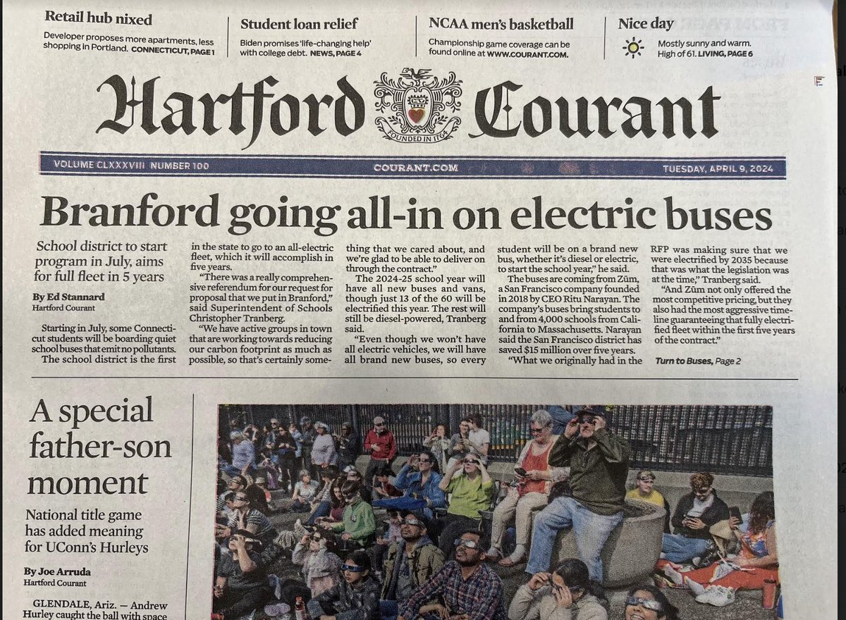 The @hartfordcourant highlights Zum’s new partnership with @BranfordPS, where we are putting Branford on the path to become the first school district in Connecticut with an all-electric fleet of school buses. courant.com/2024/04/09/ct-…