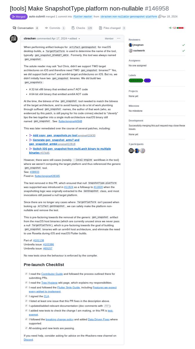 '[tools] Make SnapshotType.platform non-nullable' by Chris Bracken was merged into #Flutter master github.com/flutter/flutte…