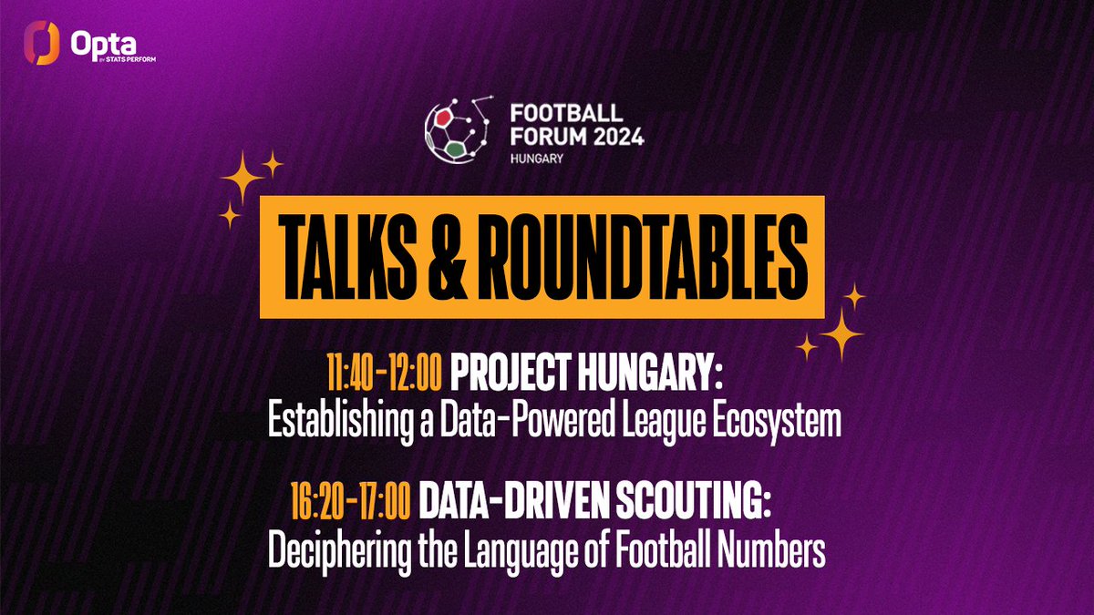 2⃣ opportunities to hear @StatsPerform speak at next week's 𝐅𝐨𝐨𝐭𝐛𝐚𝐥𝐥 𝐅𝐨𝐫𝐮𝐦 𝐇𝐮𝐧𝐠𝐚𝐫𝐲. Gijs Beenker and Gábor Karpjuk will be taking the stage on Tuesday to discuss data-driven topics from across the football industry. More info. ⬇️