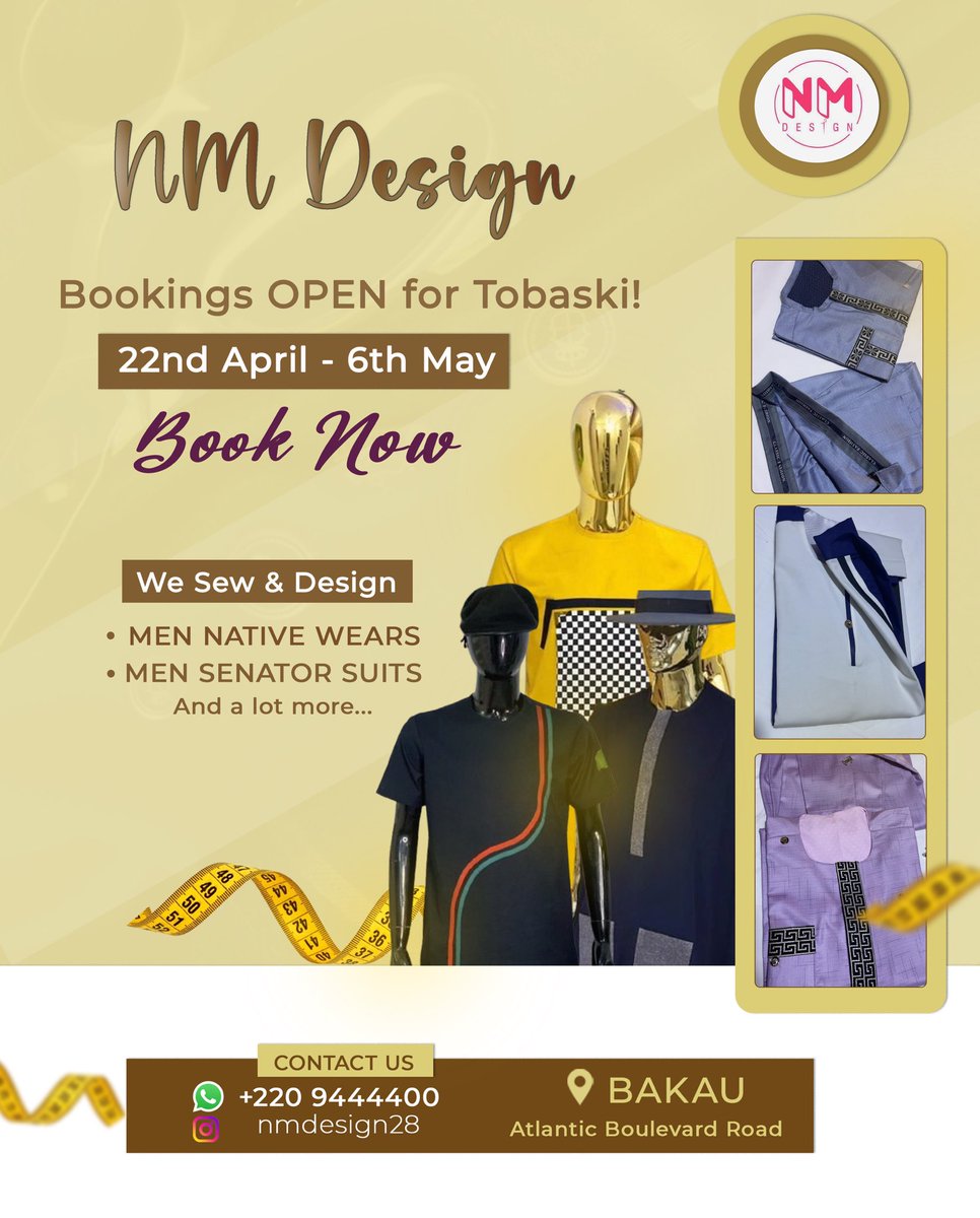 acee_design's tweet photo. Contact the number on the flyer for all your Men native wears &amp; Men senator suits for the Tobaski. Bookings open from 22nd April - 6th May. 🤎 @ndey_b https://t.co/DRMZW0yNKF
