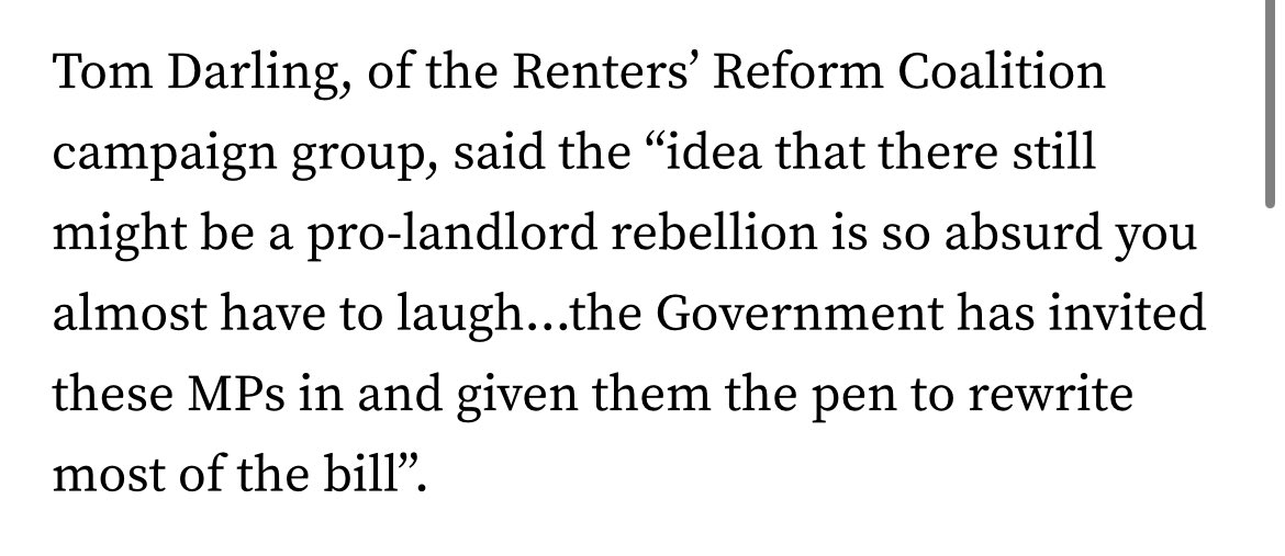 Just absurd there might still be a rebellion on the Renters Reform Bill given the government have given the landlords just about everything they wanted. My comment in this @Victoria_Spratt story 👇