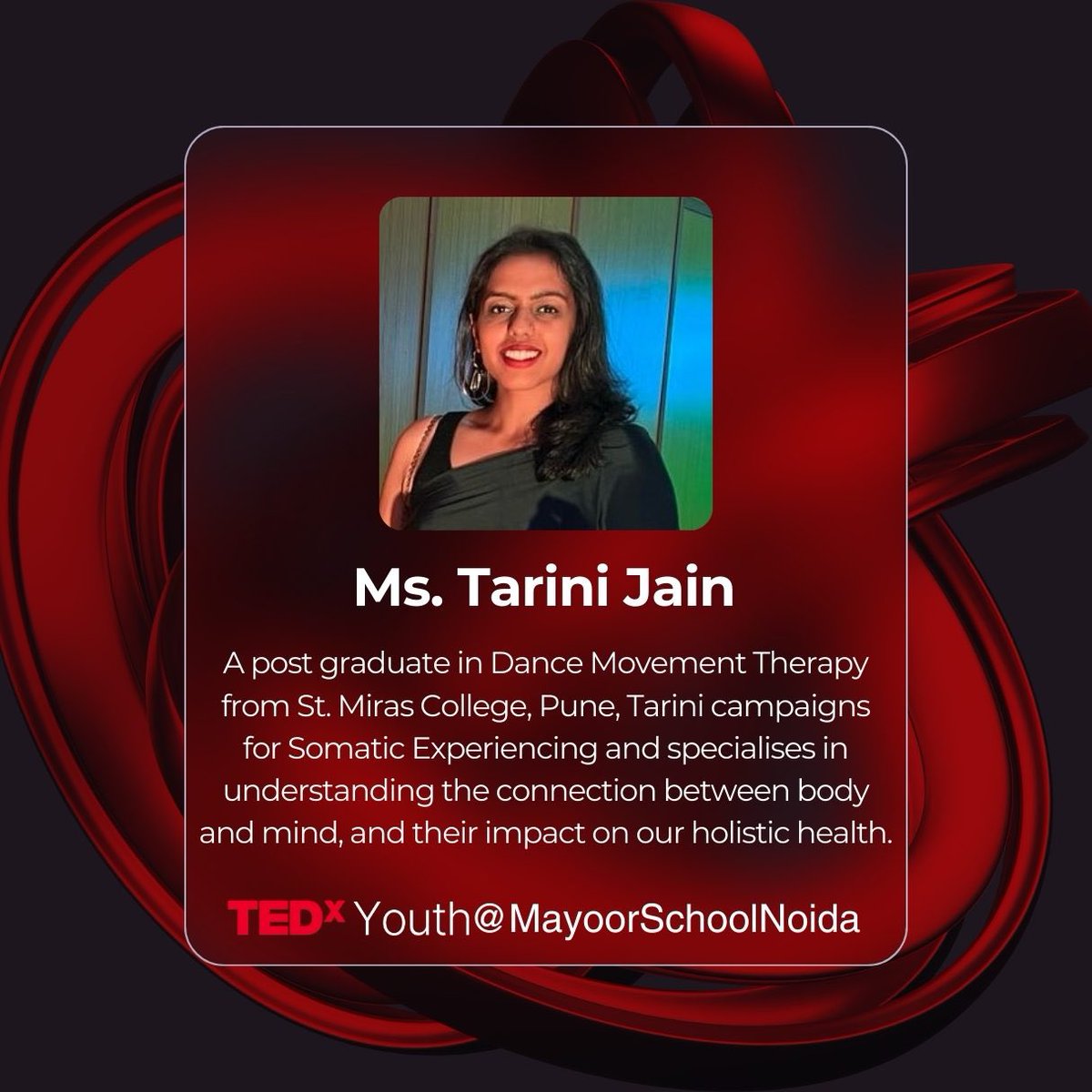 TEDxMSN's tweet photo. Young, exuberant, and talented, Tarini believes in her dreams and is forever ready to conquer any challenges that come her way. An alumnus of Mayoor School, Noida, she is a Dance Movement Therapy Practitioner and is passionate about healing mind and body through movement therapy. https://t.co/XYl76cXLZt
