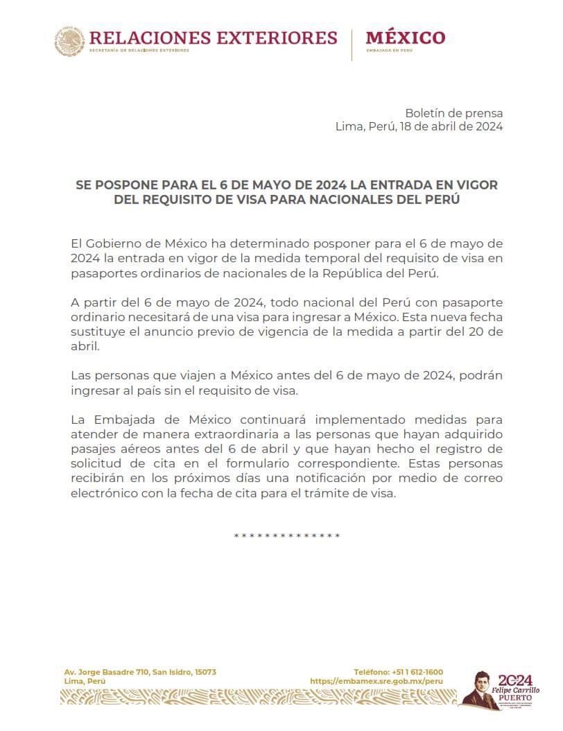 EmbaMexPeru's tweet image. #Comunicado #Visas 

Se pospone para el 6 de mayo la entrada en vigor del requisito de Visa para nacionales del Perú. 

✅ Las personas con viajes a realizarse antes del 6 de mayo de 2024 podrán ingresar a 🇲🇽 sin el requisito de visa. 

1/3