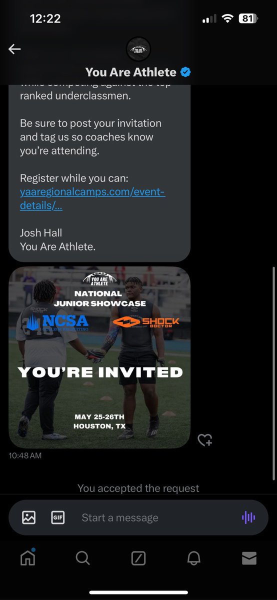 I would love to appreciate the opportunity to attend the National Junior Showcase presented by <a href="/CoachHaywoodPHS/">Brandon Haywood</a> <a href="/youareathlete/">You Are Athlete</a> <a href="/PHSDragonsFB/">Pepperell Dragons Football</a> <a href="/NwGaFootball/">NwGa Football</a>