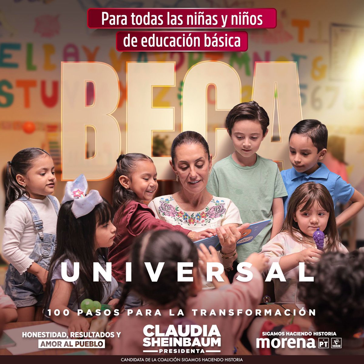 Los estudiantes de preescolar, primarias y secundarias públicas tendrán una beca universal como la que hice en la Ciudad de México, para que todas las niñas y niños estén en igualdad de circunstancias al acudir al aula.