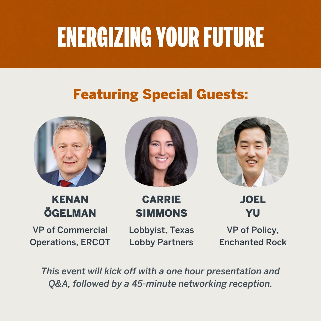 Join us for 'Energizing Your Future' featuring @ArushiSF 💡 Learn about the diverse career opportunities within the energy & environmental industry! Ft. special guests: Kenan Ögelman (@ERCOT_ISO), Carrie Simmons (TX Lobby Partners) & Joel Yu (@EnchantedRock).

RSVP: link in bio.
