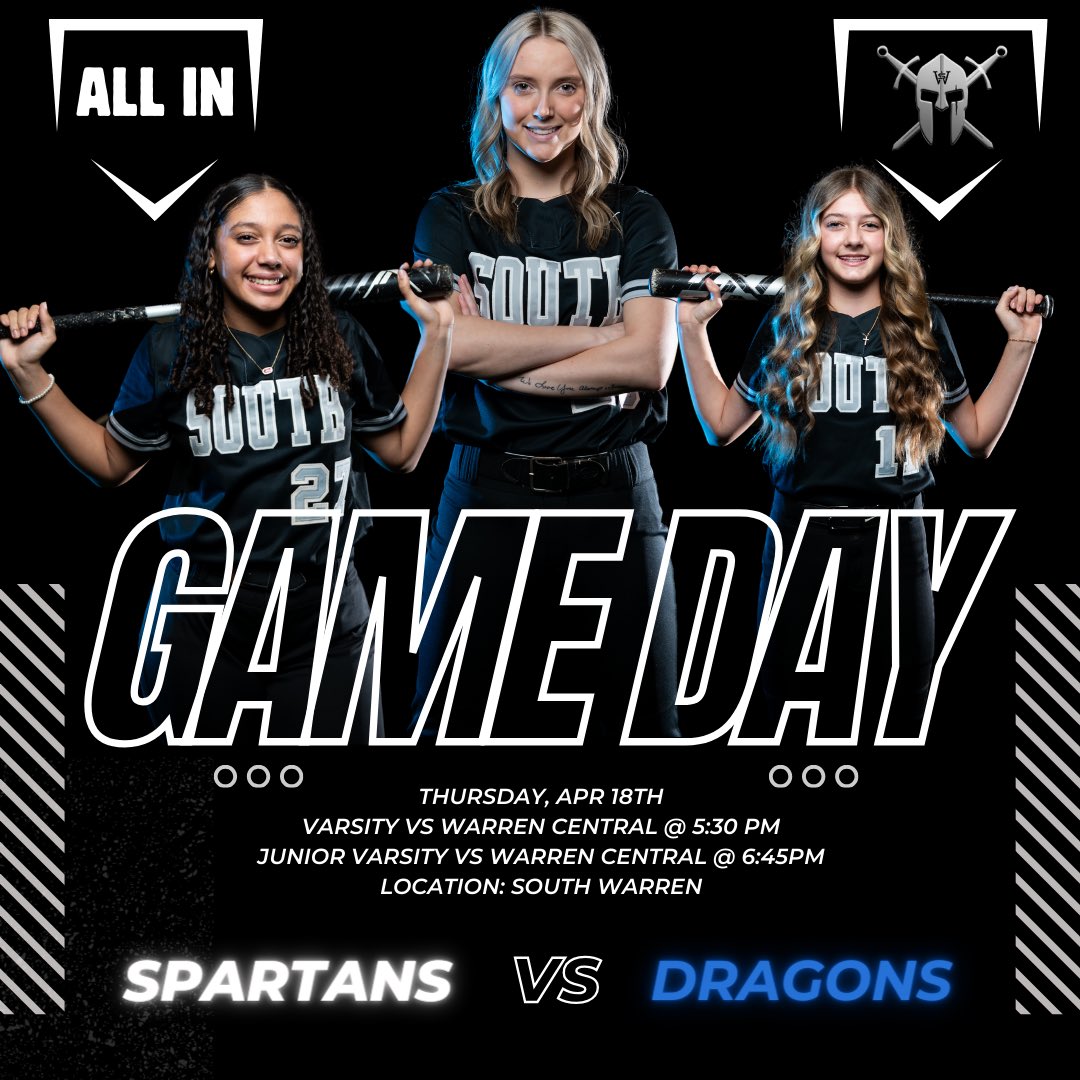 SPARTANS will host Warren Central TONIGHT!! Varsity starts at 5:30 with JV to follow. Let’s bring a BIG crowd! 🥎🖤⚔️ GO SOUTH ⚔️🖤🥎 #allin