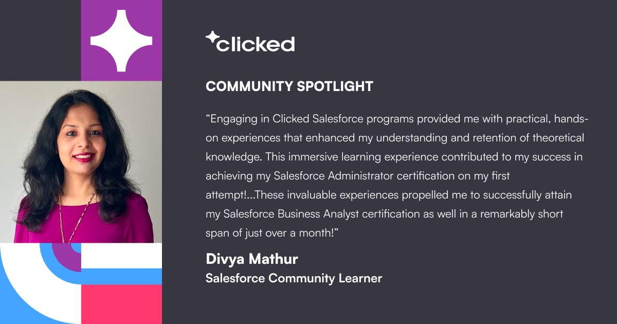 🎉 Big congrats to Divya for mastering her Salesforce certs with #Clicked! From zero to hero in just over a month, thanks to our immersive learning experiences. 🌐📈 #SalesforceCertified #CareerAcceleration #Salesforce