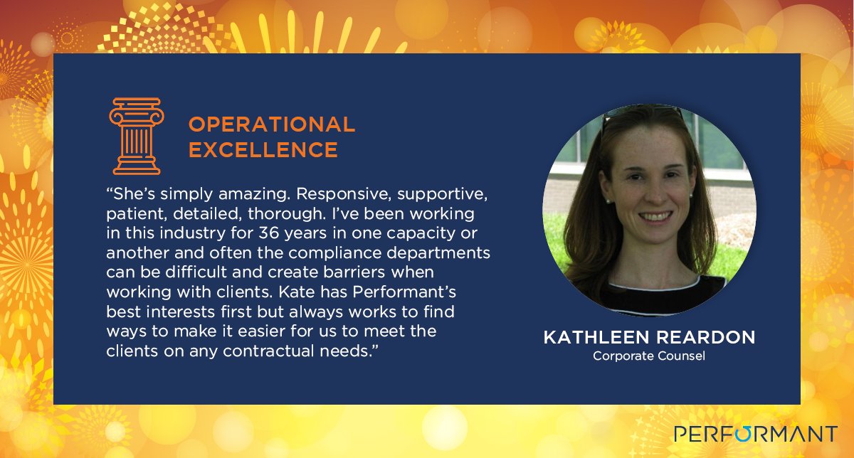 CONGRATULATIONS! Today we celebrate Corporate Counsel, Kathleen Reardon, Performant’s Q3 2023 winner for our core value of Operational Excellence. #Performant #PeopleCentric #CorporateValues