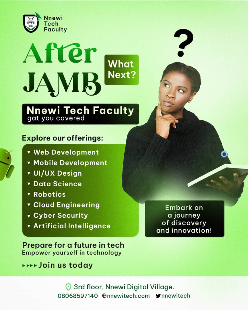 WAIT!! After Jamb what next🤷? Don't seat at home...you can pick up a tech skill while waiting for admission... We have got you covered,visit our office for registration details now!