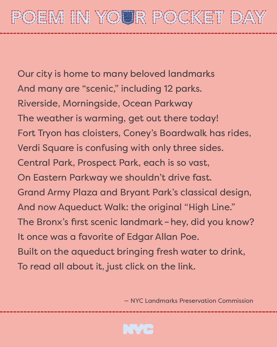 In honor of Poem in Your Pocket Day & #PoetryMonth: #PocketPoem about NYC’s scenic landmarks, feat. Old Croton Aqueduct Walk, designated 4/16, the 1st scenic landmark #intheBronx: nyc.gov/site/lpc/about…