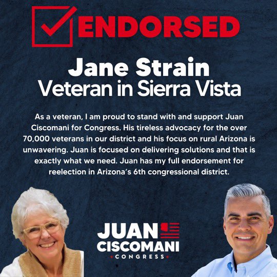 Proud to be endorsed by Army Veteran Jane Strain. Her commitment to her community is second to none & I am grateful for her support! 🇺🇸 #AZ06