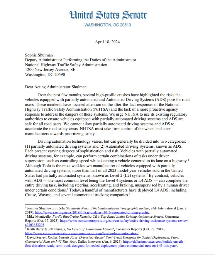 The #Teamsters Union thanks @SenMarkey, @SenatorLujan, @SenBlumenthal, @SenPeterWelch, @SenWarren, and @SenSanders who sent a letter today to the @NHTSAgov highlighting the lack of federal oversight over autonomous vehicles, and the danger of continuing to allow them to operate