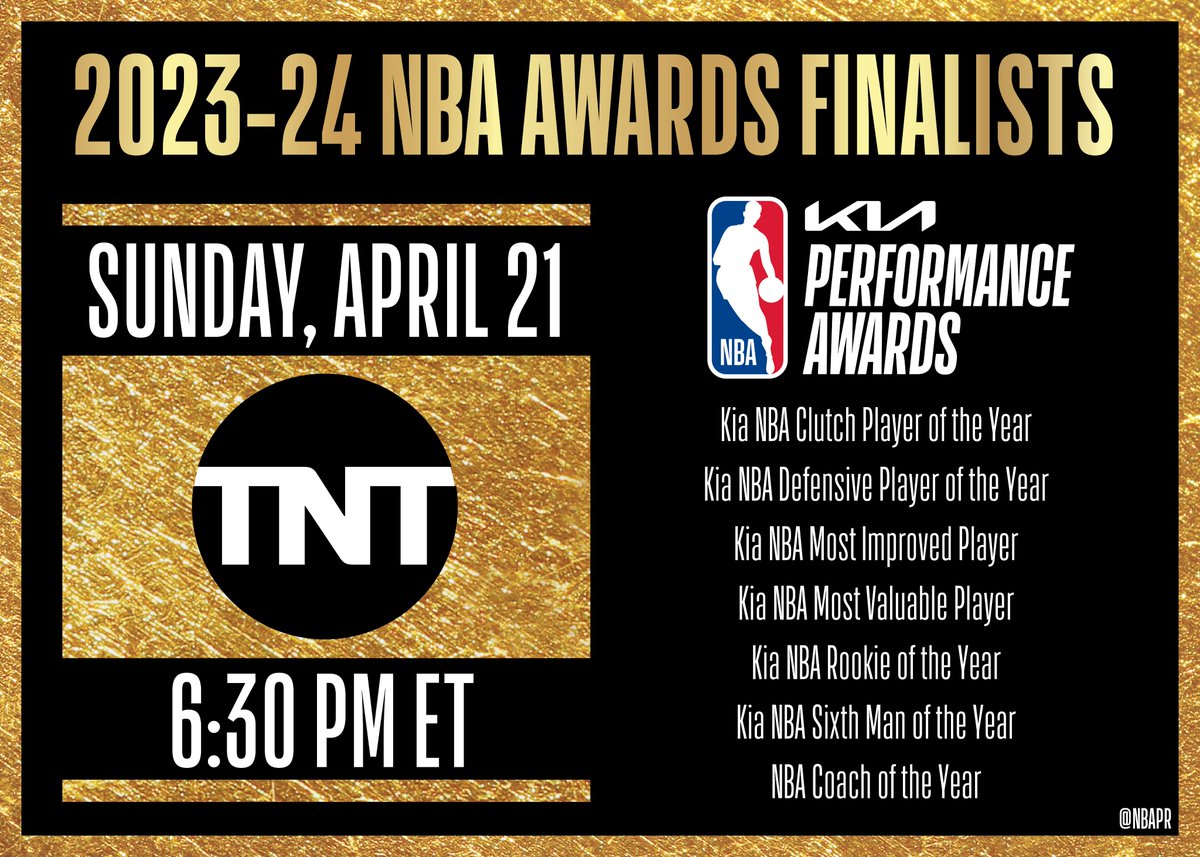 The finalists for seven awards honoring top performers from the 2023-24 NBA regular season will be revealed on Sunday, April 21 on @NBAonTNT at 6:30 PM ET.