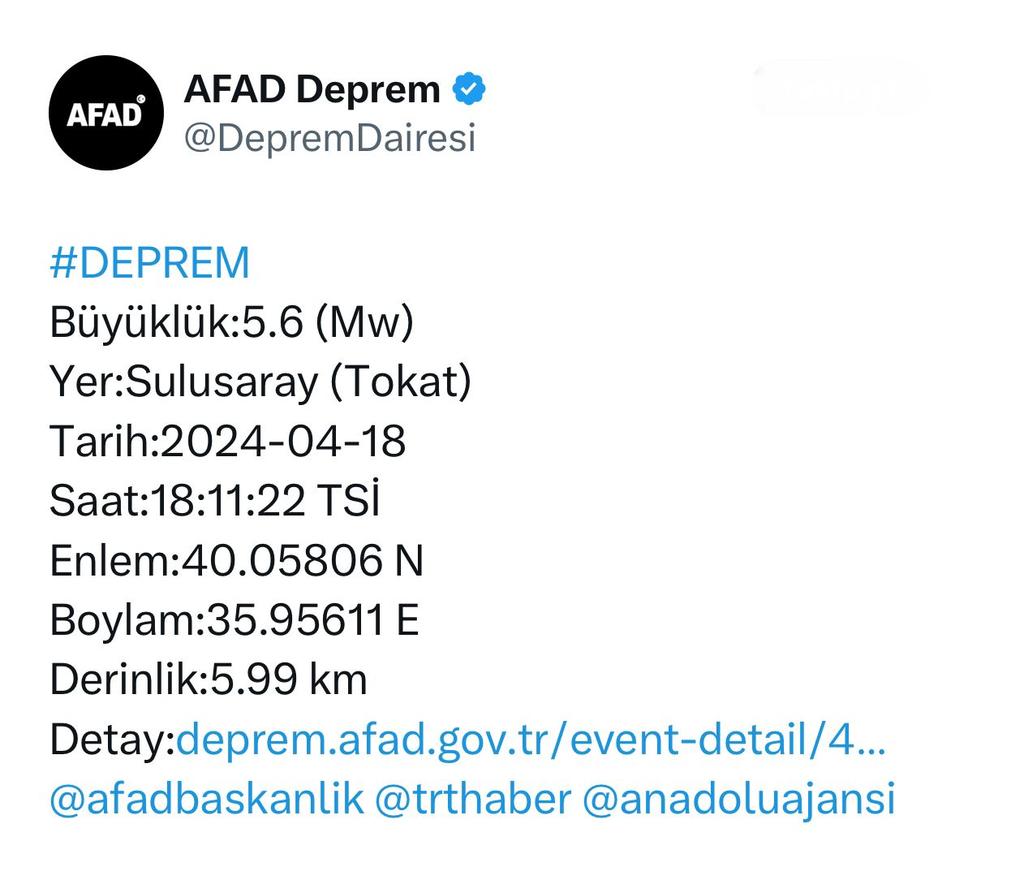 Tokat ilimizin Sulusaray ilçesinde meydana gelen ve çevre illerden de hissedilen depremden etkilenen tüm vatandaşlarımıza geçmiş olsun dileklerimi iletiyorum. Rabb’im ülkemizi ve milletimizi her türlü afetten muhafaza eylesin. #Deprem