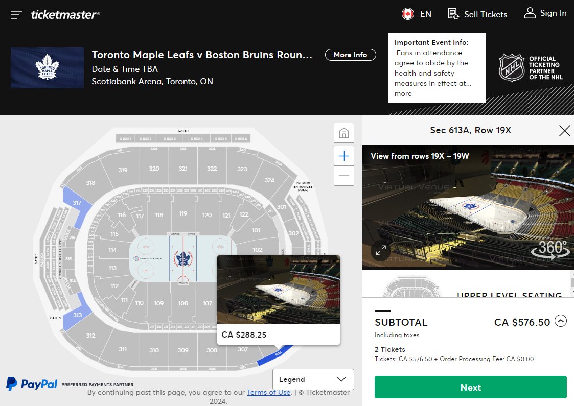 For only $576 CAD ($418 USD) you can buy two tickets for game 6 of the TOR v BOS series. 
Just a little overhang covering one net. It's also the last row available in the building. It's fine.