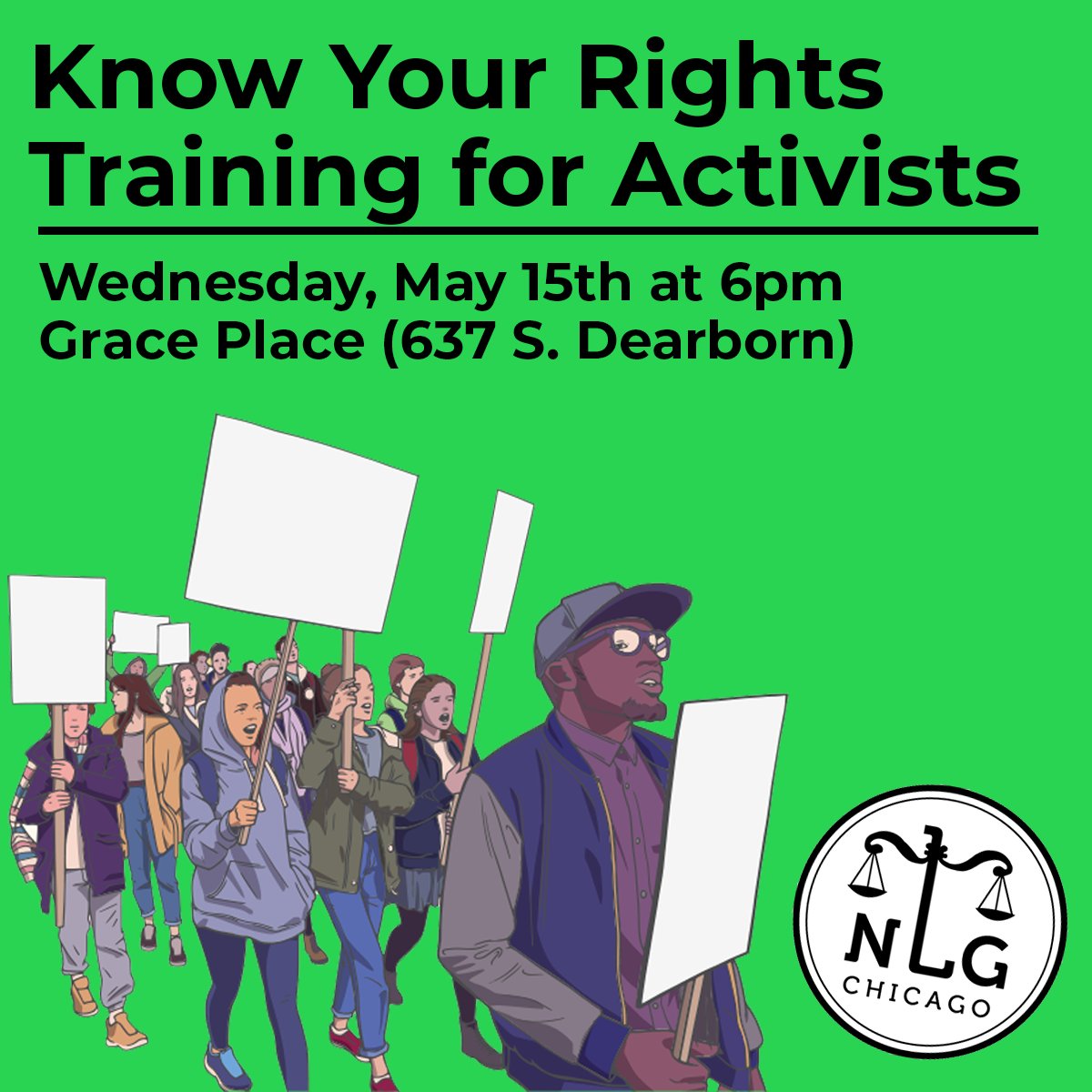 Whether your new to protesting or are a long time activist, it's always a good idea to be up on your rights. Join NLG Chicago for Know Your Rights training for activists on May 15th at 6pm at Grace Place. Register here: forms.gle/UbVFJKB62Sfdox…