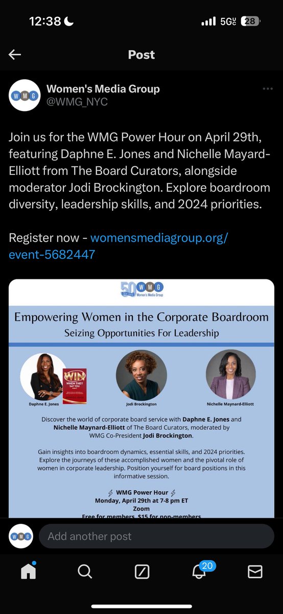 Join us for the WMG Power Hour on April 29th, featuring Daphne E. Jones and Nichelle Maynard-Elliott from The Board Curators, alongside moderator Jodi Brockington. Explore boardroom diversity, leadership skills, and 2024 priorities. Register now - womensmediagroup.org/event-5682447