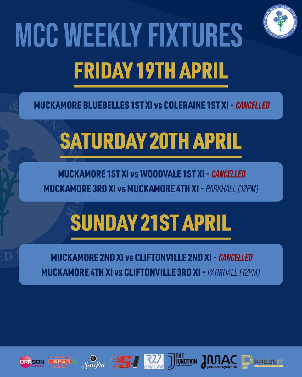 Unfortunately the 1st Xl, 2nd Xl and Bluebelles friendlies scheduled for this weekend have been cancelled. But the 3rds v 4ths inter club match is still ON at Parkhall College on Saturday and the 4ths friendly v Cliftonville 3rds is also ON at Parkhall College on Sunday 🏏🏏