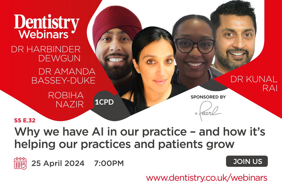Why we have AI in our practice – and how it’s helping our practices and patients grow; Join Harbinder Dewgun, Amanda Bassey-Duke, Robiha Nazir and Kunal Rai on Thursday 25 April at 7pm to hear why we have AI in our practice⬇️ dentistry.co.uk/2024/04/18/why… In partnership with Pearl