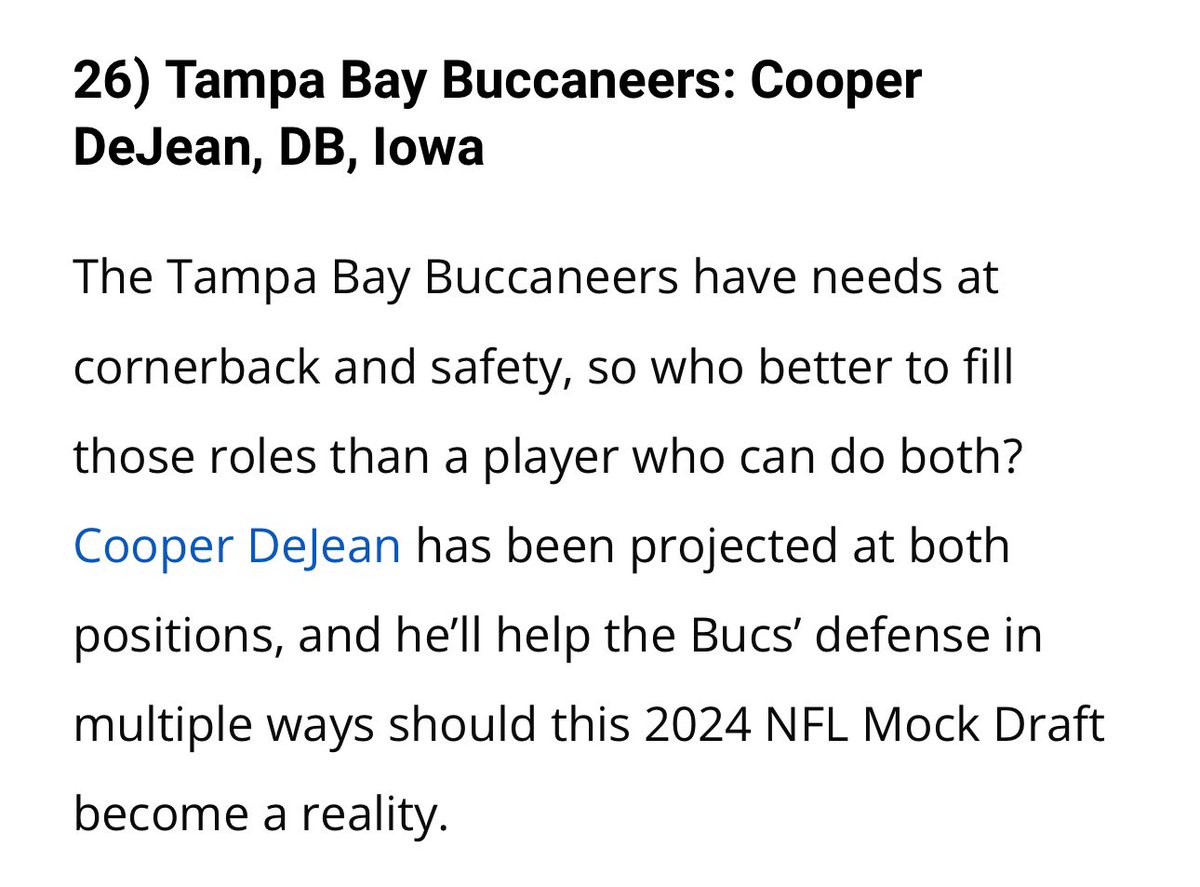 In @PFN365’s latest mock draft today they have Buccaneers selecting Cooper DeJean at 26. profootballnetwork.com/joe-broback-20…