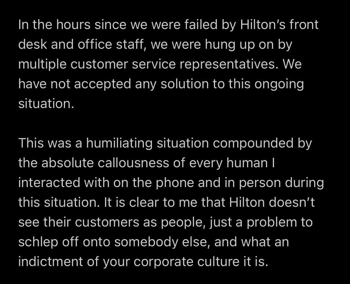 Hey @HiltonHotels. Does this sound like an experience you’d want a human to have? Because it’s happening to my family because of you ineptitude. The negligence of your property made my whole family ill. How are you going to fix it? @HomewoodSuites @DoubleTree @HiltonHonors