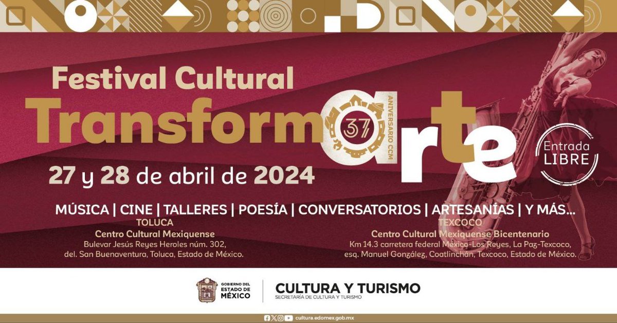 ¡Ven a disfrutar de #TransformARTE! Te esperamos este 27 y 28 de abril en la quinta edición de este gran festival cultura, podrás disfrutar de música, talleres, cine, artesanías y mucho más. 📍 Centro Cultural Mexiquense 📍@ccmbcultura #EntradaLibre